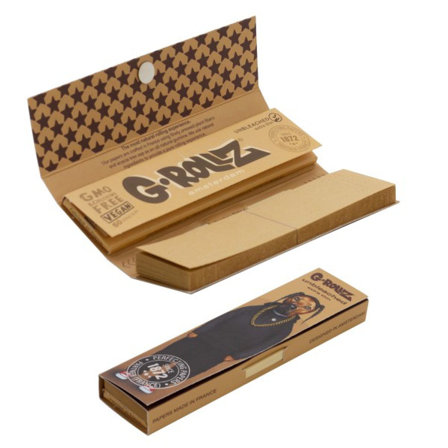 G-Rollz | Pets Rock ‘Rap’ unbleached - 50 KS Slim Papers + Tips (Display with 24 booklets)