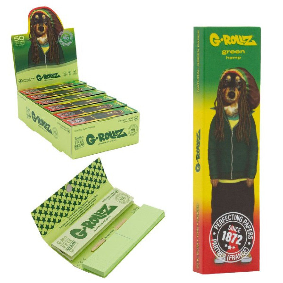 G-Rollz | Pets Rock ‘Reggae’ Green Hemp - 50 KS Slim Papers + Tips (Display with 24 booklets)