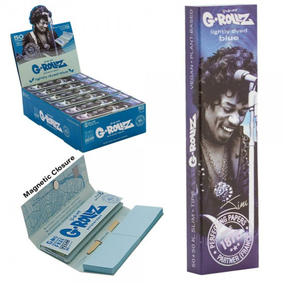G-Rollz | “Blue Spark” unbleached - 50 KS Slim Papers + Tips (Display with 24 booklets)