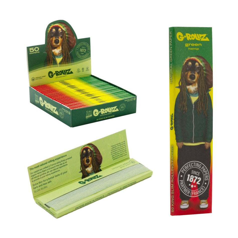 G-Rollz | Pets Rock ‘Reggae’ - Green Organic Hemp - 50 KS Slim Papers (Display with 25 booklets)